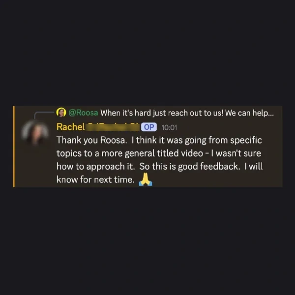 Client feedback screenshot from Discord or email