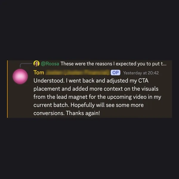 Client feedback screenshot from Discord or email