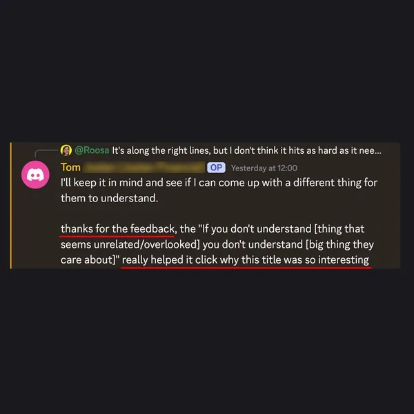 Client feedback screenshot from Discord or email
