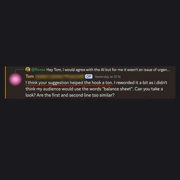 Client feedback screenshot from Discord or email