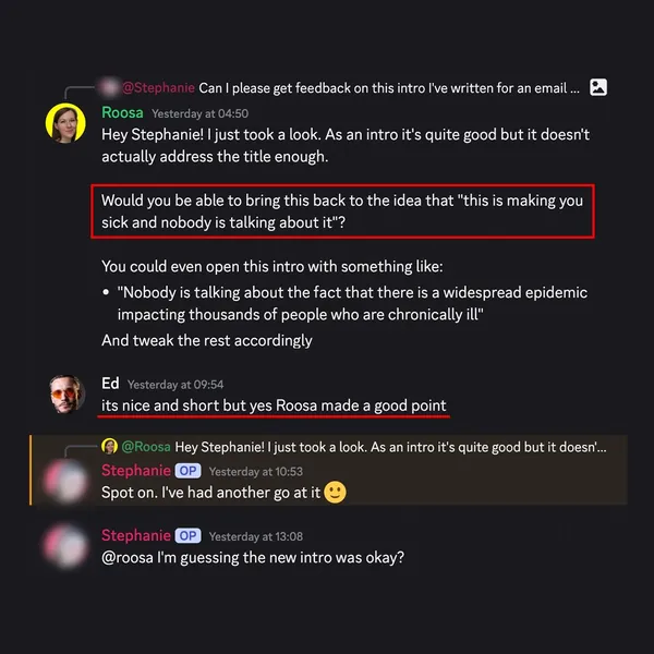Client feedback screenshot from Discord or email