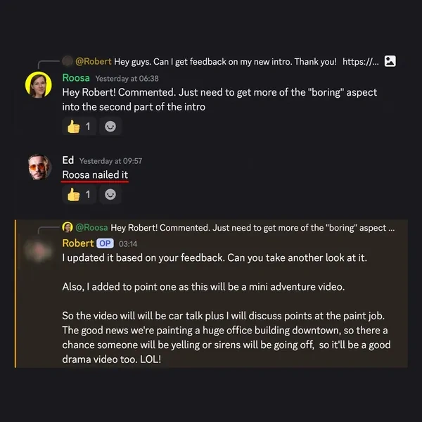 Client feedback screenshot from Discord or email