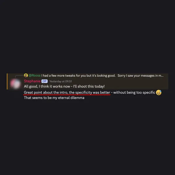 Client feedback screenshot from Discord or email