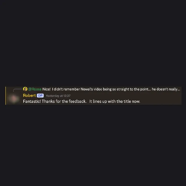 Client feedback screenshot from Discord or email