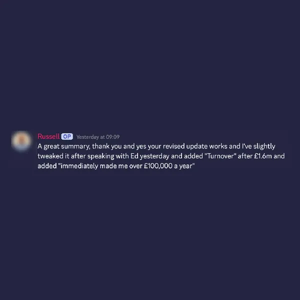 Client feedback screenshot from Discord or email