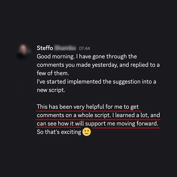 Client feedback screenshot from Discord or email
