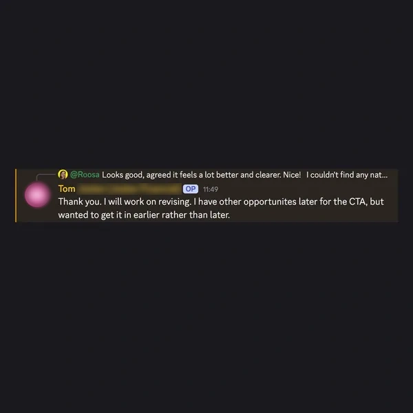 Client feedback screenshot from Discord or email
