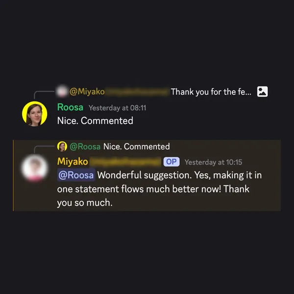 Client feedback screenshot from Discord or email
