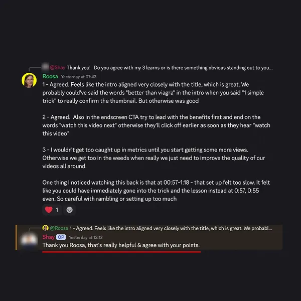 Client feedback screenshot from Discord or email