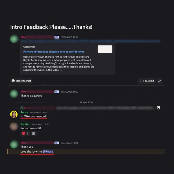 Client feedback screenshot from Discord or email