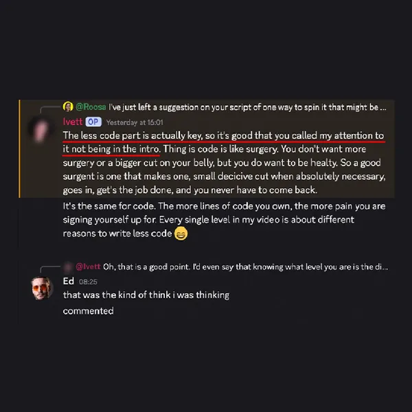 Client feedback screenshot from Discord or email