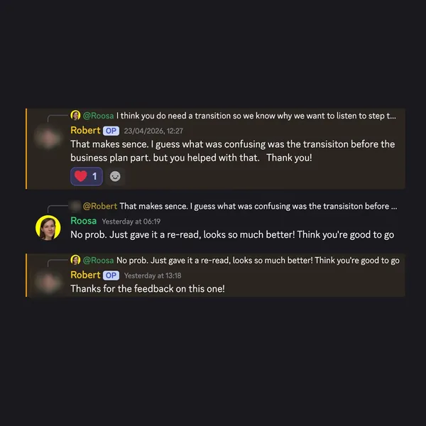 Client feedback screenshot from Discord or email