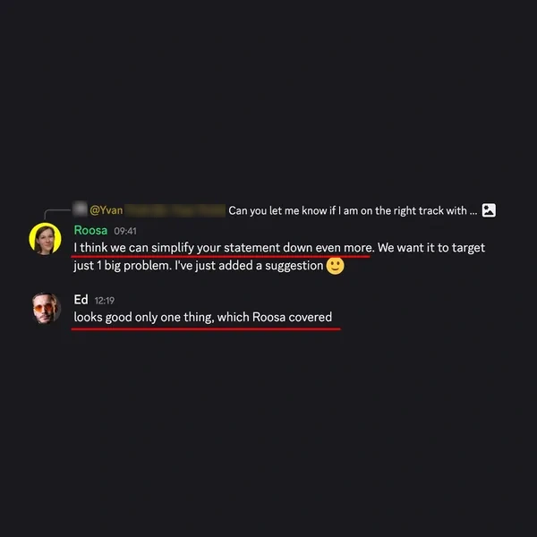Client feedback screenshot from Discord or email