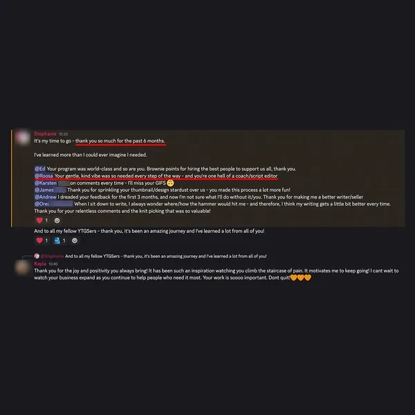 Client feedback screenshot from Discord or email