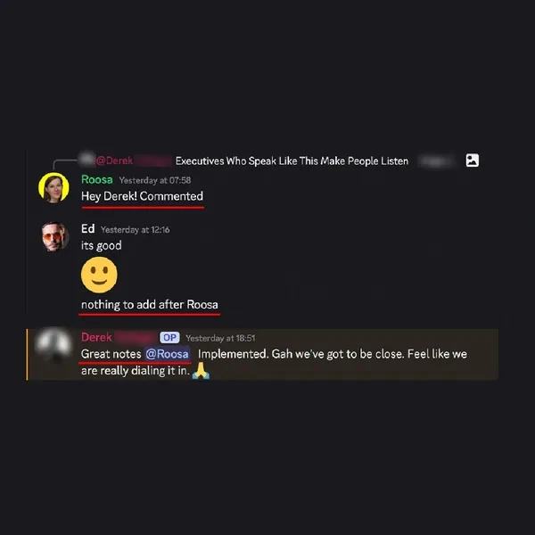 Client feedback screenshot from Discord or email