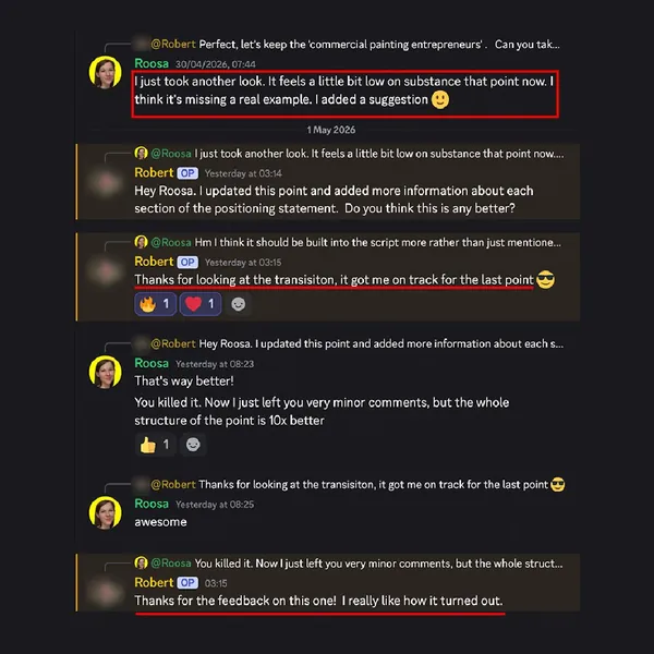 Client feedback screenshot from Discord or email