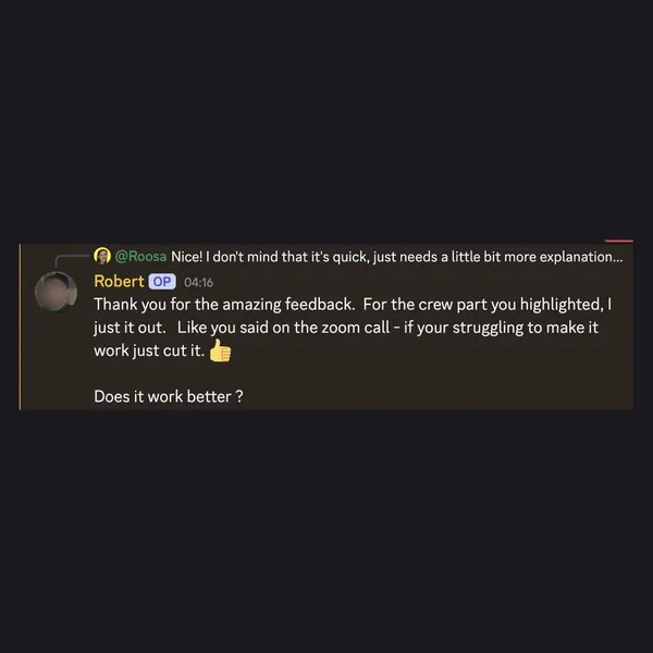 Client feedback screenshot from Discord or email
