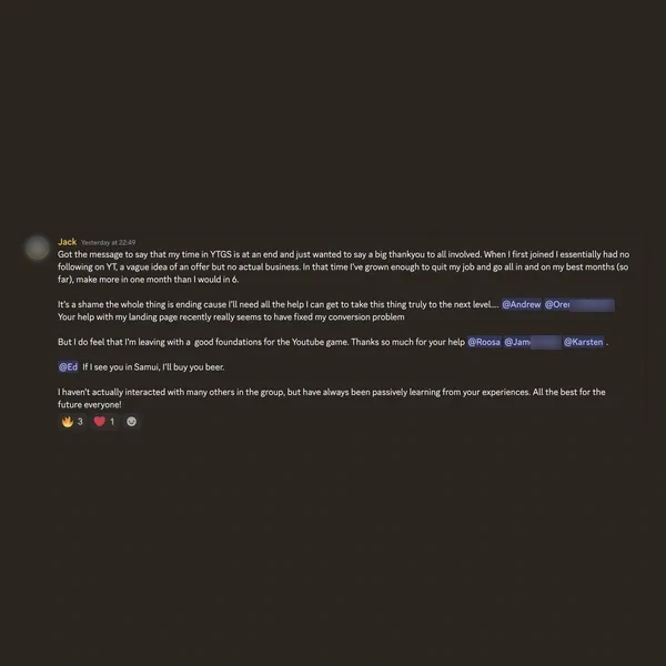 Client feedback screenshot from Discord or email