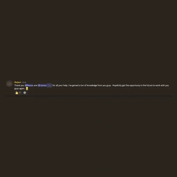Client feedback screenshot from Discord or email