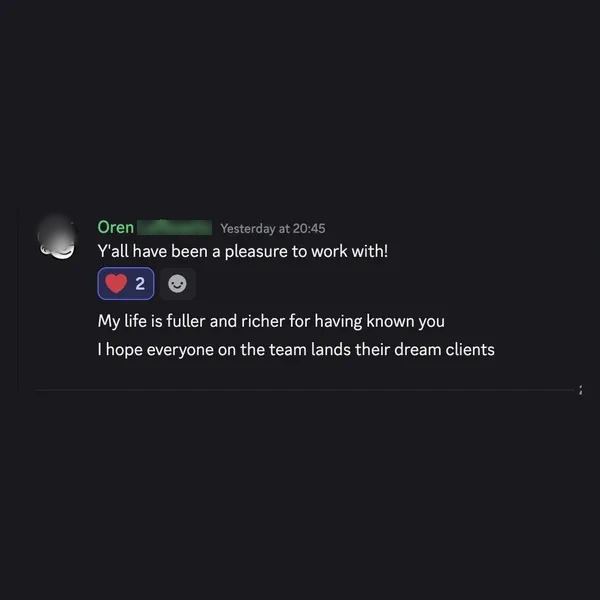 Client feedback screenshot from Discord or email