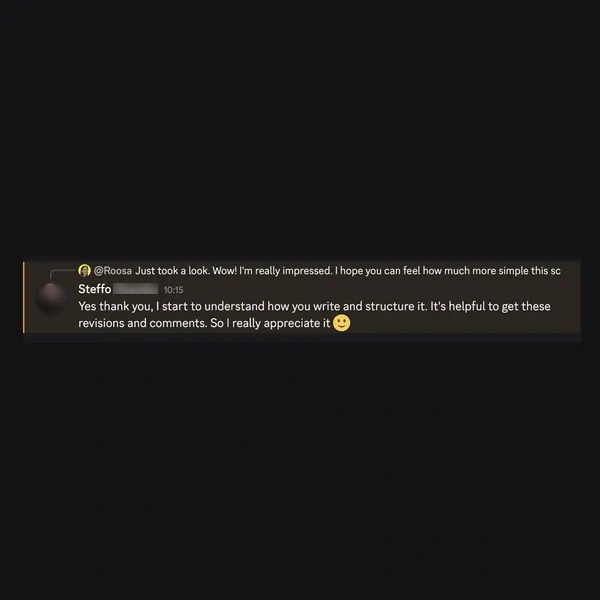 Client feedback screenshot from Discord or email