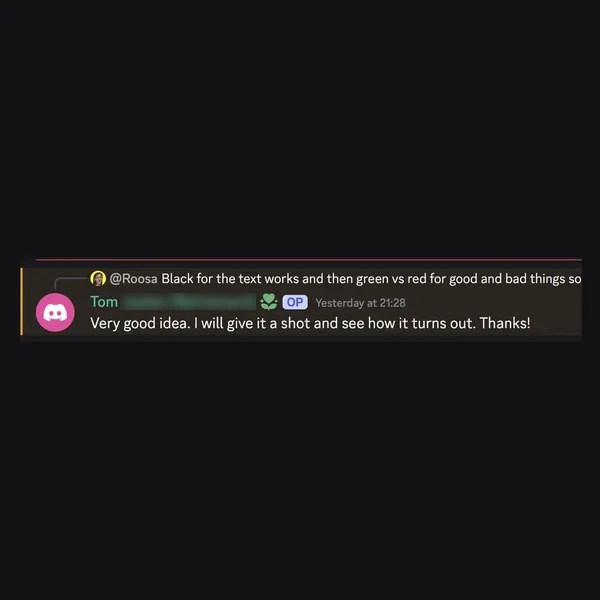 Client feedback screenshot from Discord or email