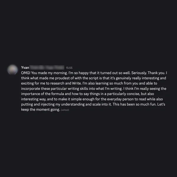 Client feedback screenshot from Discord or email