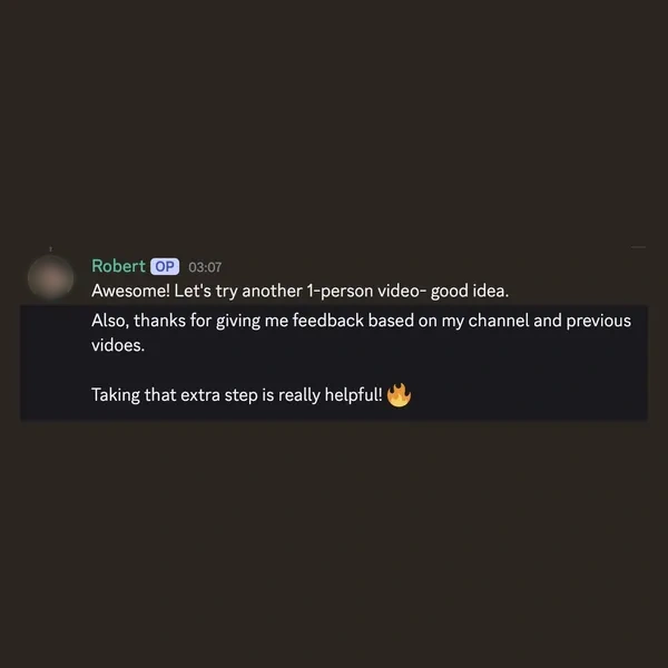 Client feedback screenshot from Discord or email