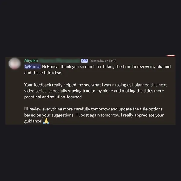 Client feedback screenshot from Discord or email