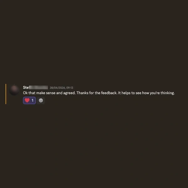 Client feedback screenshot from Discord or email