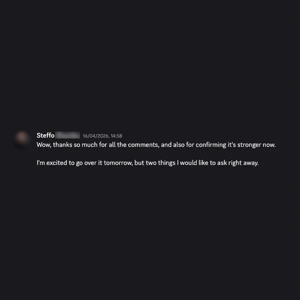 Client feedback screenshot from Discord or email